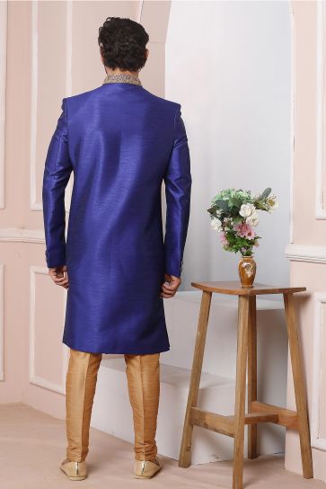 Wedding Wear Banarasi Silk Fabric Designer Heavy Embroidered Readymade Indo Western For Men In Blue Color