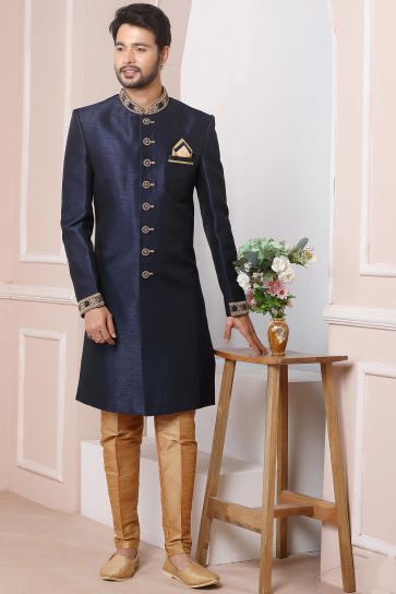 Banarasi Silk Fabric Designer Heavy Embroidered Wedding Wear Readymade Indo Western For Men In Navy Blue Color