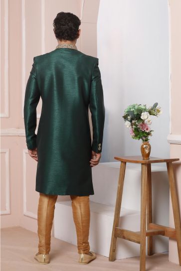 Embroidery Work Appealing Dark Green Color Banarasi Silk Fabric Function Wear Readymade Indo Western For Men