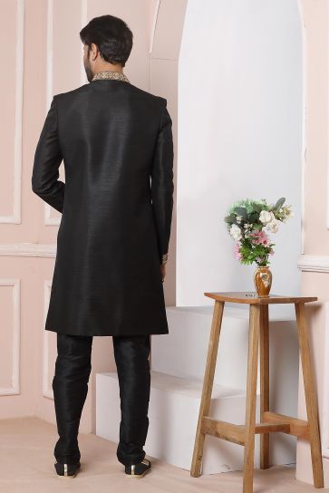 Reception Wear Black Color Banarasi Silk Fabric Attractive Embroidery Work Readymade Indo Western For Men