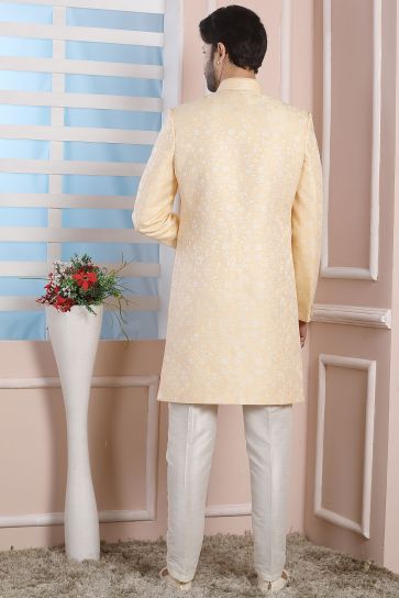 Jacquard Silk Fabric Yellow Magnificent Readymade Men Indo Western For Wedding Wear