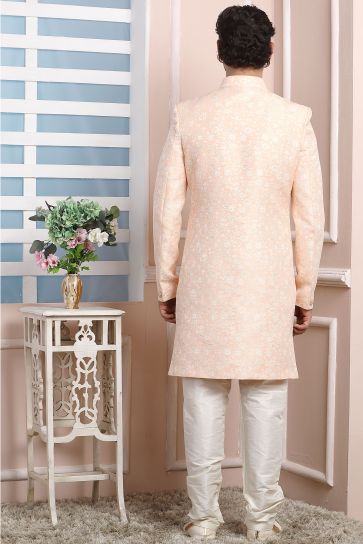 Peach Color Jacquard Silk Fabric Wedding Wear Designer Readymade Indo Western For Men