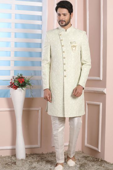 Jacquard Silk Fabric Sea Green Color Wedding Wear Designer Readymade Indo Western For Men