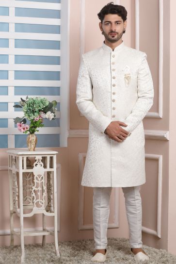  Off White Color Wedding Wear Jacquard Silk Fabric Designer Readymade Indo Western For Men