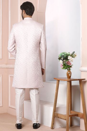 Pink Color Wedding Wear Jacquard Silk Fabric Designer Readymade Indo Western For Men
