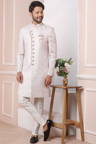 Pink Color Wedding Wear Jacquard Silk Fabric Designer Readymade Indo Western For Men