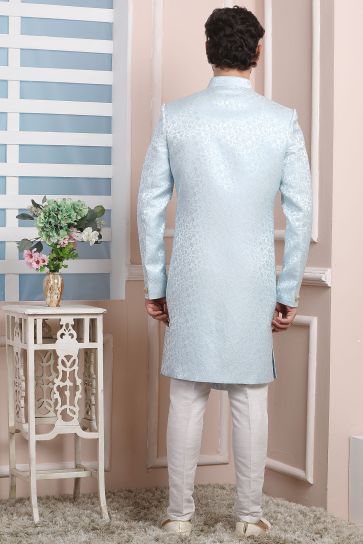 Wedding Wear Jacquard Silk Fabric Designer Readymade Indo Western For Men In Sky Blue Color