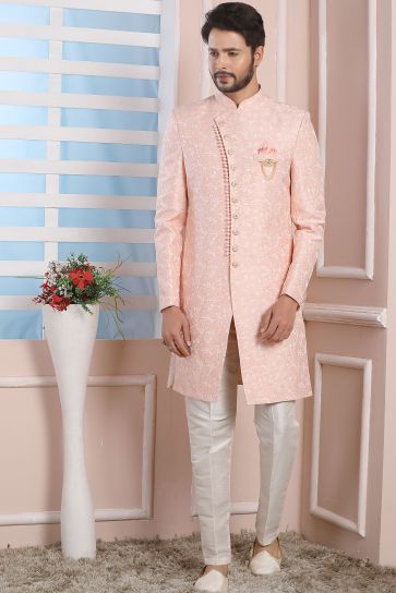 Jacquard Silk Fabric Designer Wedding Wear Readymade Indo Western For Men In Pink Color