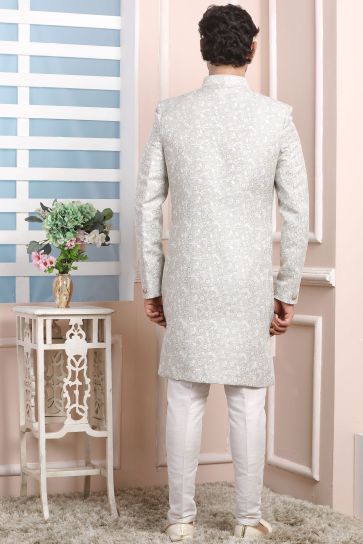 Jacquard Silk Fabric Grey Festive Wear Readymade Lovely Indo Western For Men