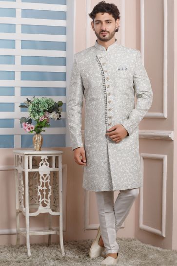 Jacquard Silk Fabric Grey Festive Wear Readymade Lovely Indo Western For Men