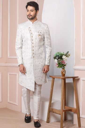 Off White Pretty Jacquard Silk Fabric Wedding Wear Readymade Men Indo Western