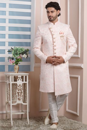 Jacquard Silk Fabric Beautiful Pink Color Wedding Wear Readymade Indo Western For Men