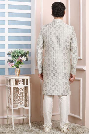 Jacquard Silk Fabric Grey Wedding Wear Attractive Readymade Men Indo Western