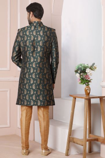 Jacquard Silk Fabric Green Wedding Wear Readymade Glamorous Indo Western For Men