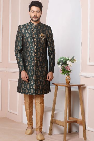 Jacquard Silk Fabric Green Wedding Wear Readymade Glamorous Indo Western For Men