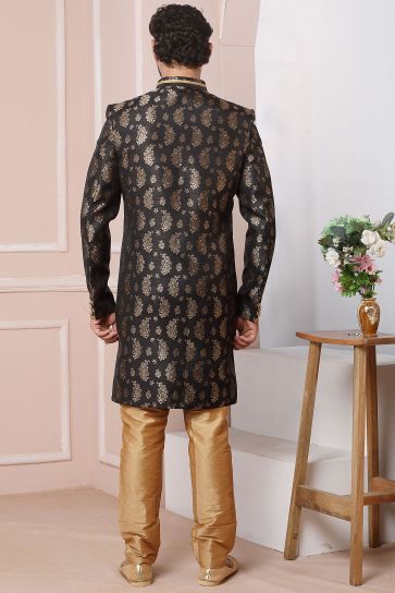 Black Jacquard Silk Fabric Graceful Readymade Men Indo Western