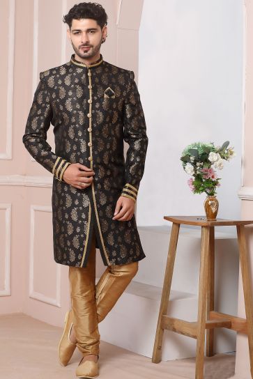 Black Jacquard Silk Fabric Graceful Readymade Men Indo Western