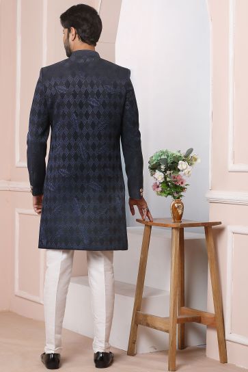 Jacquard Silk Fabric Navy Blue Color Wedding Wear Readymade Men Stylish Indo Western