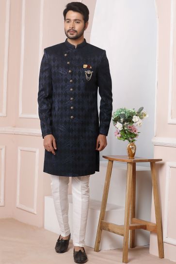 Jacquard Silk Fabric Navy Blue Color Wedding Wear Readymade Men Stylish Indo Western