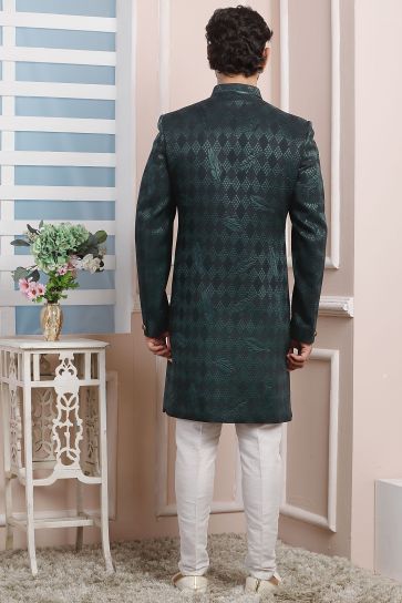 Dark Green Color Jacquard Silk Fabric Wedding Function Beautiful Readymade Indo Western For Men