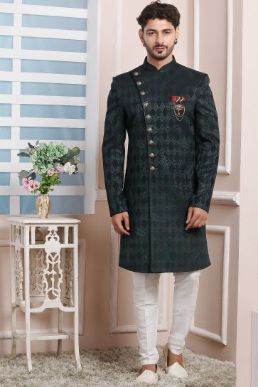 Dark Green Color Jacquard Silk Fabric Wedding Function Beautiful Readymade Indo Western For Men