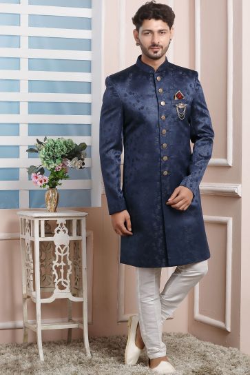 Jacquard Silk Fabric Blue Color Wedding Wear Readymade Designer Men Indo Western