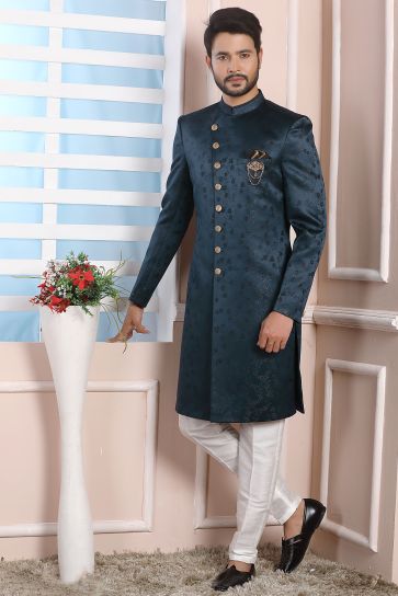 Teal Gorgeous Jacquard Silk Fabric Wedding Wear Readymade Indo Western For Men