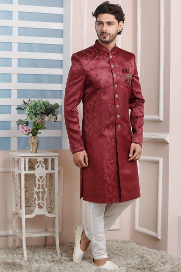 Jacquard Silk Fabric Stunning Maroon Color Wedding Wear Readymade Men Indo Western