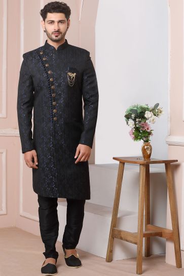 Pretty Jacquard Silk Fabric Wedding Wear Readymade Men Indo Western In Navy Blue Color