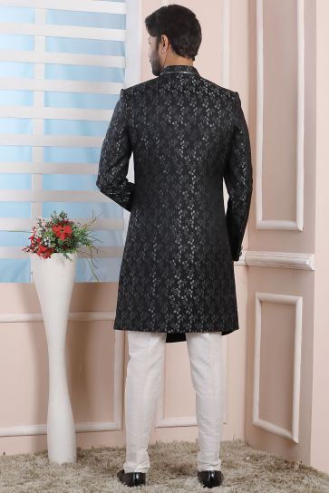 Beautiful Black Color Wedding Wear Readymade Indo Western For Men In Jacquard Silk Fabric