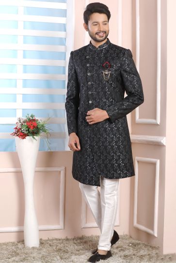 Beautiful Black Color Wedding Wear Readymade Indo Western For Men In Jacquard Silk Fabric