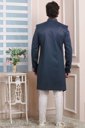 Jacquard Silk Fabric Wedding Wear Attractive Readymade Men Indo Western In Navy Blue Color