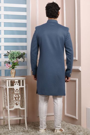 Grey Jacquard Silk Fabric Graceful Readymade Men Indo Western For Wedding Wear