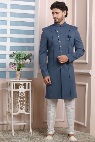 Grey Jacquard Silk Fabric Graceful Readymade Men Indo Western For Wedding Wear