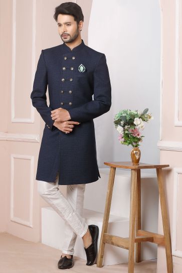 Navy Blue Jacquard Silk Fabric Magnificent Readymade Men Indo Western For Wedding Wear
