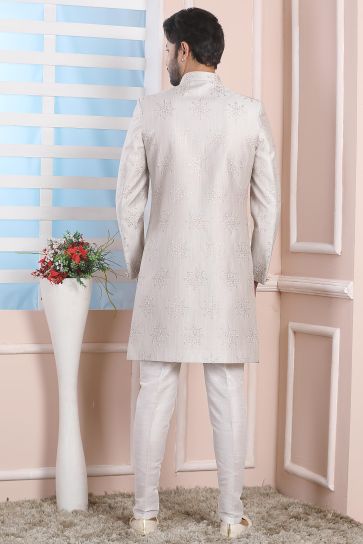 Grey Stunning Art Silk Fabric Wedding Wear Readymade Indo Western For Men