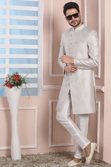 Grey Stunning Art Silk Fabric Wedding Wear Readymade Indo Western For Men