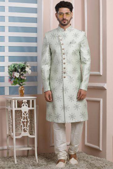 Art Silk Fabric Lovely Sea Green Color Festive Wear Readymade Indo Western For Men