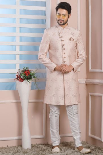 Art Silk Fabric Pink Color Wedding Wear Pretty Readymade Indo Western For Men
