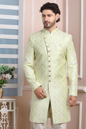 Sea Green Color Beautiful Art Silk Fabric Wedding Wear Readymade Indo Western For Men