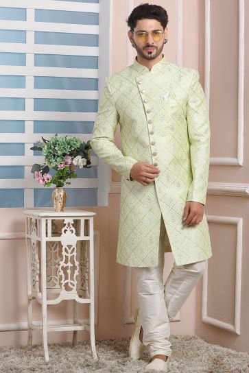 Sea Green Color Beautiful Art Silk Fabric Wedding Wear Readymade Indo Western For Men