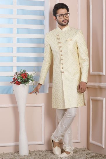 Wedding Wear Yellow Color Art Silk Fabric Attractive Readymade Indo Western For Men