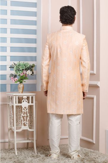 Peach Color Art Silk Fabric Wedding Wear Readymade Indo Western For Men