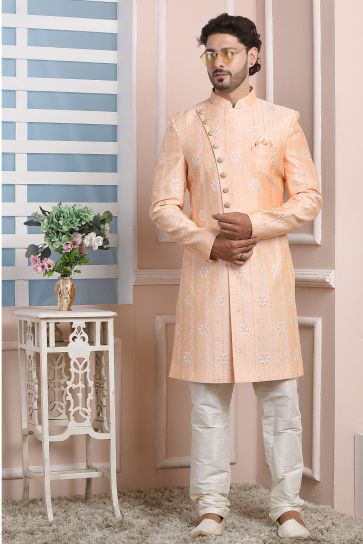 Peach Color Art Silk Fabric Wedding Wear Readymade Indo Western For Men