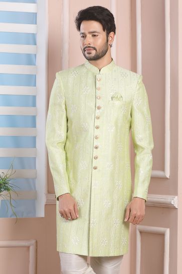 Art Silk Fabric Sea Green Color Festive Wear Readymade Men Stylish Indo Western 
