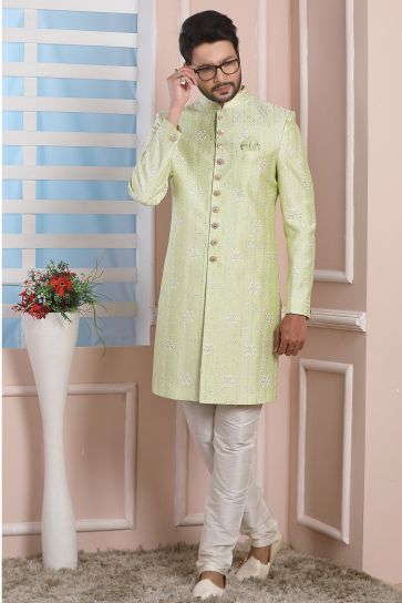 Art Silk Fabric Sea Green Color Festive Wear Readymade Men Stylish Indo Western 