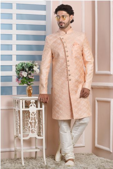Peach Art Silk Fabric Wedding Wear Trendy Readymade Indo Western For Men Set