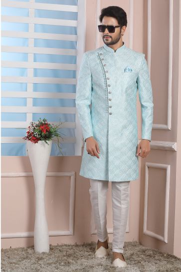 Art Silk Fabric Sky Blue Color Wedding Wear Readymade Designer Men Indo Western 