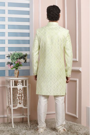 Sea Green Color Art Silk Fabric Wedding Function Fashionable Readymade Indo Western For Men