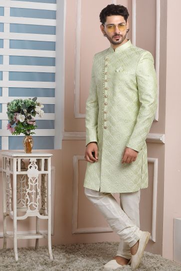 Sea Green Color Art Silk Fabric Wedding Function Fashionable Readymade Indo Western For Men
